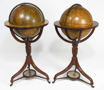 A pair of English Regency floor globes published by J&W Cary in the Strand, London, 1817, sold for $43,290.