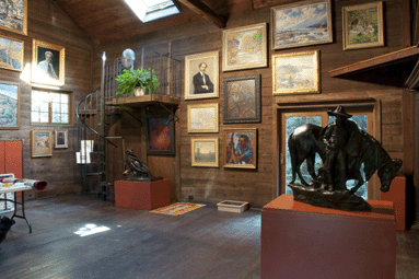Sculptures by Solon Borglum were interspersed with the floor-to-ceiling display of paintings by Silvermine artists in the Borglum studio exhibition, September 14‱5. The quality of works on view documented the achievements of The Knockers, who met regularly in the studio, and other artists of the Silvermine art colony in the first third of the Twentieth Century. ⁔.S. Bernsten photo