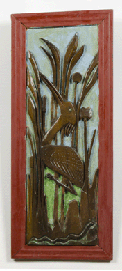 "Crane,†which Pierce carved in 1936, is one of a number of affectionate animal portraits. The bug-eyed look of the bird, amid its native habitat, reflects the artist's familiarity with a variety of avians. Bequest of Katharine B. McClure in honor of her husband, Robert W. McClure, by exchange and museum purchase.