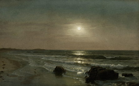 In one of his most beautiful full-size watercolors, "Moonlight,†1878, Richards captured the romantic glow of the moon on rippling waves and shoreline rocks on the Rhode Island coast. Measuring 23½ by 37½ inches, it is in the collection of Martin and Judy Stogniew.