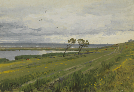 Richards' ability to convey the specifics of vegetation along with the sweep of peaceful landscape is apparent in "This Side of the Pond, Newport,†1878.