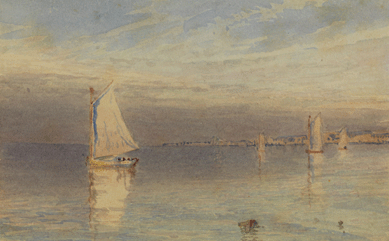 Few, if any, American artists have ever painted better the delicate interplay of light between sea and sky than Richards, as exemplified by "Becalmed, Off Newport,†1882.