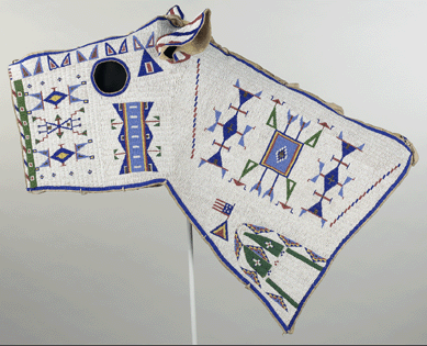 The intricately beaded horse mask made around 1904 by the Oglala Lakota Tribe features seed beads, hide and sinew. It is unique because its creator incorporated sections that could be remade into other objects, such as a pair of moccasins, a pair of tipi bags, a pair of women's leggings and a pipe bag.