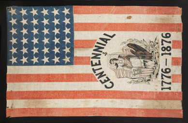 Among the 14 flags in the sale was this printed 36-star centennial flag with Lady Columbia, circa 1876, framed and measuring about 34 by 54 inches. It was purchased for $10,625 by antiques dealer Jeff Bridgman, along with seven other flag lots. 