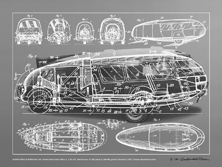 Buckminster Fuller (American, 1895‱983), "Motor Vehicle-Dymaxion Car,†from the portfolio "Inventions: Twelve Around One,†1981, screenprint in white ink on clear polyester film layered over photographic screenprint on paper, 30 by 40 inches. Courtesy Carl Solway Gallery, Cincinnati, Ohio.