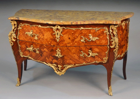 Leading furniture was this Louis XV marble top kingwood commode from the Eighteenth Century, ex collection of Newhouse Galleries, New York, that attained $45,600. 