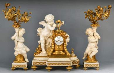 Clocks include this French figural clock garniture with putto decoration, with leaf and garland trim that was estimated at $2/2,500 but achieved $27,600. 