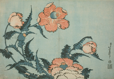 Katsushika Hokusai, "Poppies,†circa 1833″4, color woodblock print; courtesy Art Institute of Chicago.