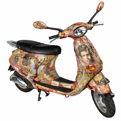 Shepard Fairey (American, b 1970), untitled, 2004, decoupage on Vespa ET2 scooter, signed Shepard Fairey and dated 04 on the front panel, 52 by 67 by 35 inches realized $12,500.
