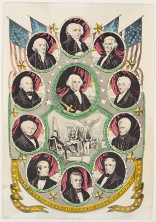 From the outset, Nathaniel Currier sought to glorify the Founding Fathers, presidents and other American heroes. Among his firm's 600 portraits, "The Presidents of the United States,†1845, showed the first ten presidents and President-Elect James K. Polk.All images courtesy of D'Amour Museum of Fine Arts, gift of Lenore B. and Sidney A. Alpert, supplemented with Museum Acquisition Funds.