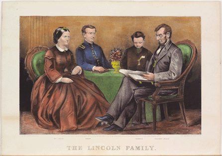 Among 70 images of Lincoln by Currier & Ives, the president as family man was posthumously depicted in "The Lincoln Family,†1867, with his wife, Mary Todd Lincoln, oldest son, Robert Todd Lincoln, and younger son, Thomas "Tad†Lincoln. The somber tone reflected both the burdens of the Civil War on the family and presaged Tad's early death and Mrs Lincoln's physical and mental problems after the White House.