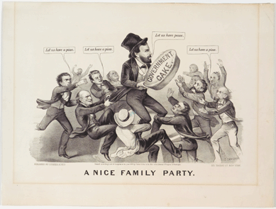 One of Currier & Ives' most prolific political cartoonists, John Cameron specialized in social satire and commentary, including the issue of civil service reform. In "A Nice Family Party,†1872, President Ulysses S. Grant, an honest man surrounded by greedy supporters seeking offices and favors, holds a large cake labeled "Government Cake†and implores the crowd around him, saying, "Let us have peace.†But the 12 men frantically grab at his coattails and legs, crying, "Let us have a piece.†