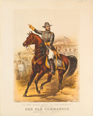 Two decades after the end of the Civil War, Currier & Ives' "To the Grand Army of the Republic,†1885, used General Grant's fighting spirit and aggressive military leadership as symbols of triumph. The vigor of Grant's gesture, the animated movement of his horse and the steadfastness of his marching soldiers served as reminders of the preservation of the Union.