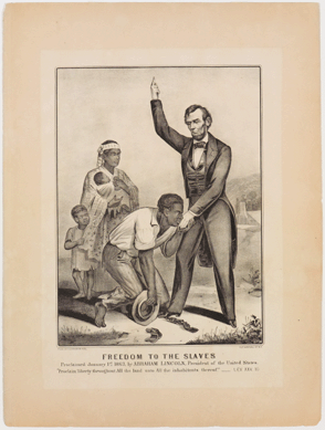 Seeking to put a positive spin on the controversial Emancipation Proclamation, Currier & Ives in "Freedom to the Slaves, Proclaimed January 1st 1863 By Abraham Lincoln, President of the United States. 'Proclaim Liberty Throughout All The Land Unto All the Inhabitants Thereof,'†showed an African American man kissing the hand of President Lincoln, who stands on broken chains of slavery.