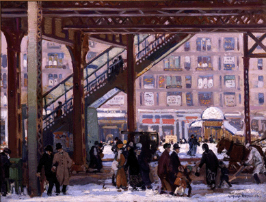 Gifford Beal, "Elevated, Columbus Avenue, New York,†1916, oil on canvas, 36½ by 48½ inches. Selections from the collection of the New Britain Museum of American Art, Charles F. Smith Fund.