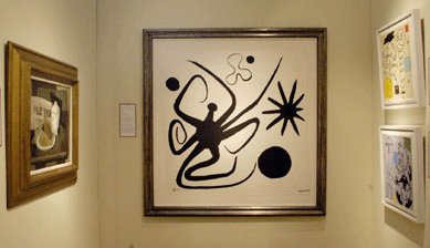 At center in this grouping at Whitford Fine Art, Londn, is Alexander Calder's 1947 screenprint on silk,  "La Mer," which is notable as an early fashion-art collaboration. This work, signed by Calder and fabric designer Zika Ascher, sold at the show.