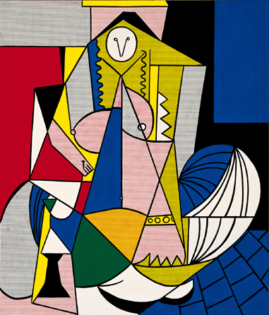 Long obsessed with the work of Pablo Picasso, Lichtenstein created "Femme d'Alger,†1963, a takeoff on the master's 1955 painting of the same name. In his version, a deliberate "misconstrual†of Picasso's original, he used gaudy primary colors from the comics rather than muted earth tones and hard, precise brushwork and dots rather than painterly brushwork. It was meant to look, Lichtenstein said, "ersatz or fake.†The Eli and Edythe Broad Collection, Los Angeles.