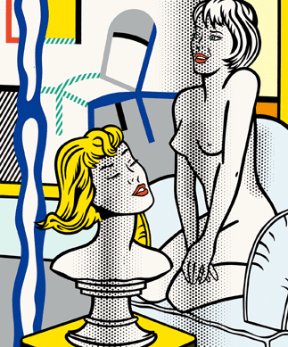 Taking up the female nude late in his career, Lichtenstein used clippings of romance comics to paint larger-than-life, dot-filled, complex compositions like "Nude with Bust,†1995. It measures a hefty 108 by 90 by 2½ inches. Private collection.