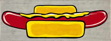 In emulating typical advertisements, Lichtenstein "never copied, but always adapted,†the images he worked from, says National Gallery curator Harry Cooper. "Hot Dog with Mustard,†1963, is a colorful Pop Art canvas measuring 18 by 48 inches. Aaron I. Fleischman.