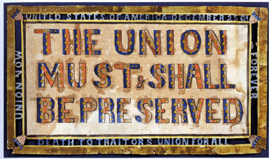 There was strong bidding for this pro-Union polychrome painted and cutwork sign, American, circa 1861, rectangular cardboard measuring 13 by 22½ inches, in a period wooden frame with gilt liner, that sold for $5,100, doubling the $2,500 high estimate. Scott Bassoff-Sandy Jacobs Antiques is listed in the provenance.