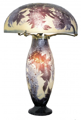 An Emile Galle carved cameo glass table lamp opened at $100,000 and quickly shot up to a $235,000 selling price. The circa 1910 example's 20-inch diameter shade and base each were signed in cameo Galle and the lamp itself stood 31 inches high.