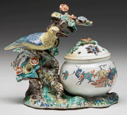 Taking its influence from the Japanese Kakiemon porcelain, a circa 1740 potpourri dish is gaily colored and features a full-bodied bird and the "squirrel with grape†motif that first showed up in Chinese paintings in the Thirteenth Century. ₩Susan Einstein photo