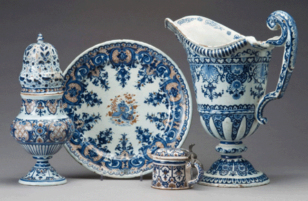 Grand feu faience standouts from Rouen include, from left, a sugar caster, plate, mustard pot and ewer, circa 1700‱730. MaryLou and George Boone donated the ewer to LACMA in honor of the museum's 25th anniversary. ₩Susan Einstein photo
