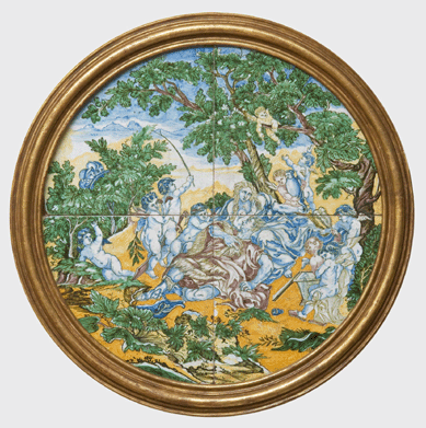 A set of Renaud and Armide wall tiles, circa 1660‱680, from Nevers, France, tells part of the story of Renaud and Armide from the Sixteenth Century poem, "Jerusalem Delivered.†The scene depicted on the tiles is of the witch Armide embracing Renaud, the Christian knight who she meant to kill but with whom she fell in love. ₩Susan Einstein photo