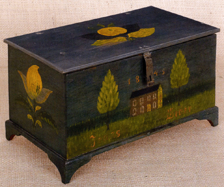 A Jonas Weber box turned out to be the star of the auction, selling for $159,975 against a $25,000 high estimate. This painted pine dresser box, dated 1845, the lift lid and sides with leaves and fruit, the front with a farmhouse flanked by trees above the name Jonas Weber, all on a dark blue ground, measured 5¾ inches high, 10 inches wide and 5¾ inches deep. This is the only known example signed by Jonas Weber.