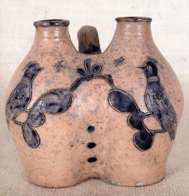 The most popular piece of stoneware in the sale was this gemel jug, New York or Connecticut, circa 1800, with incised cobalt love birds, 5¼ inches high, estimated $15/25,000. It brought $42,660.