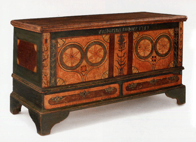 This Berks County painted dower chest, dated 1789, attributed to Beiber, inscribed Catharina Reichner, the front decorated with two large hearts flanked by tulip vines on a red and yellow stippled surface, 29 inches high and 47 inches wide, sold for $28,440 to a Philadelphia collector.