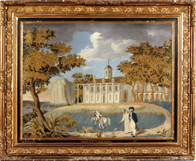 A silk needlework picture of George and Martha Washington strolling the grounds of Mount Vernon, with George's valet Billy Lee, and his horse, executed by Mary W. Innes, Philadelphia area, dated 1820, 27¾ by 35½ inches sight, in the original ornate gilt-gesso frame, far exceeded the $20/30,000 estimate, realizing $102,000.