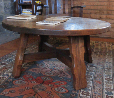 Rustic Arts and Crafts Mission oak round coffee table, 39 by 19½ inches.