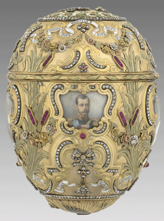 House of Fabergé, Mikhail Perkhin, workmaster, Imperial Peter the Great Easter Egg, 1903, gold, platinum, diamond, ruby, enamel, bronze, sapphire, watercolor, ivory, rock crystal. Virginia Museum of Fine Arts, Richmond, Va., bequest of Lillian Thomas Pratt. ⁋atherine Wetzel photo, ©Virginia Museum of Fine Arts