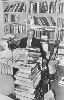 Wendell Garrett's great love of books is quite obvious in his office at Sotheby's, 1994.