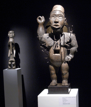 A magic and religious statuette or nkiski nkonde, foreground, of the Vili peoples, Congo, Nineteenth Century, was a standout at Galerie Bernard Dulon, Paris. 