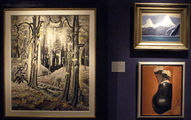 Questroyal Fine Art, New York City, offered (clockwise from left) Charles Burchfield's "Maytime in the Woods,†Rockwell Kent's "Snowy Peaks, Kenai Peninsula, Alaska,†circa 1919, and Georgia O'Keeffe's "Turkey Feathers and Indian Pot,†1941.