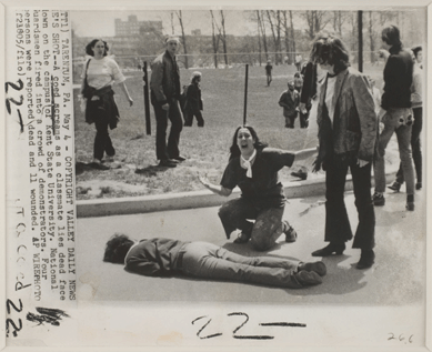 A student photographer, John Paul Filo, captured this 1970 moment of agony soon after Ohio National Guardsmen fired 67 rounds into an unarmed crowd of Kent State antiwar protesters, killing four and wounding nine. It shows Mary Ann Vecchi crying out in anguish as she realizes that her friend Jeffrey Miller has been killed. The image heightened outrage among those opposed to America's involvement in Southeast Asia.