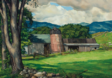 The Luigi Lucioni oil on canvas titled "The Leaning Silo, Manchester, Vt.†sold at $45,600.