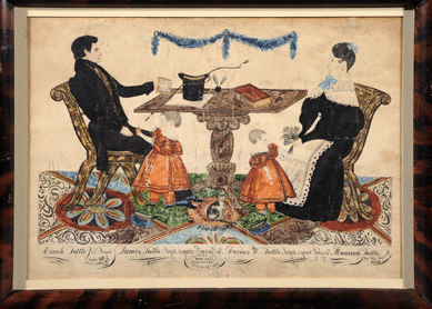 Joseph H. Davis's 1826 portrait of the Tuttle family depicts the parents, Enoch and Hannah, well dressed and seated in fancy chairs around a carved pedestal table. The children, James and Darius, attest to prosperity in their orange dresses and matching pantalettes.