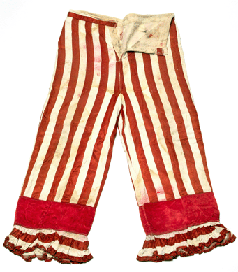 Silk satin red and white striped pants with velvet trim, circa 1860, were worn by Dan Rice, "The King of American Clowns.†Hertzberg Circus Collection of the Witte Museum, San Antonio, Texas.