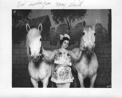 Australia-born equestrienne May Wirth began performing at age ten and joined the Barnum & Bailey Circus at 16. She was billed as the "world's greatest bareback rider,†famous for her ability to somersault backwards from one horse to another behind it. Collection of the John and Mable Ringling Museum of Art, Tibbals Collection.