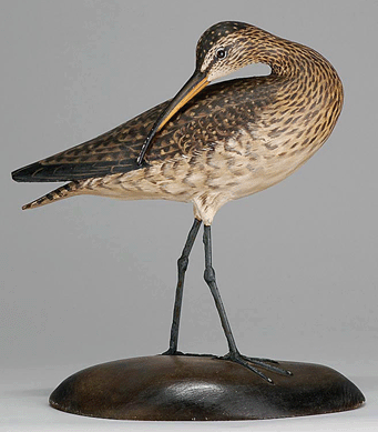 A life-size decorative preening curlew by A. Elmer Crowell sold for $35,400. 
