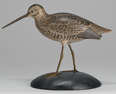 A life-size Jack snipe carved by A. Elmer Crowell fetched $23,600.