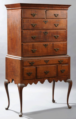 The curly maple New England Queen Anne highboy, circa 1760, came from the estate of collector and dealer Carol B. Brown and sold for $22,000.