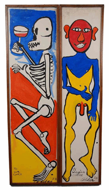 Alexander Calder's "Red, Blue and Yellow Man,†shown right, and "Skeleton Drinking Wine,†two gouaches created in 1973, were gifts to his neighbors, William and Virginia Chess of Connecticut. The "Man,†inscribed "To Virginia,†sold for 36,580, while the "Skeleton,†inscribed "to Wm Chess,†sold for $35,400 to the same phone bidder.