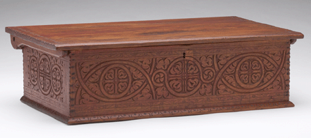 Soon after she arrived at Yale University Art Gallery in 1968, Patricia Kane spotted this circa 1640‱680 carved box at the Winter Antiques Show in the booth of Nathan Liverant and Son. "From my master's thesis on Seventeenth Century Hartford County joiners, I knew it could be attributed to William Buel of Windsor, Conn. I convinced Professor Charles Montgomery, curator of the Garvan and related collections at Yale, to buy it even though he thought we had too many Seventeenth Century boxes already. It has been included in at least one important show and is often exhibited in our galleries,†says Kane. White oak and southern yellow pine. Yale University Art Gallery, Millicent Todd Bingham Fund, 1971.45.