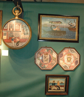 A corner of the booth was devoted to the folky sailors and mermaids painted by Cape Cod artist Ralph Cahoon (1910‱982), as well as a colorful double sailor's valentine from Barbados, circa 1870s‸0s, at Earle Vandekar of Knightsbridge, Inc, Maryknoll, N.Y.