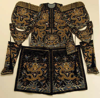 A silk embroidered, brass studded ceremonial armor fetched $40,120.