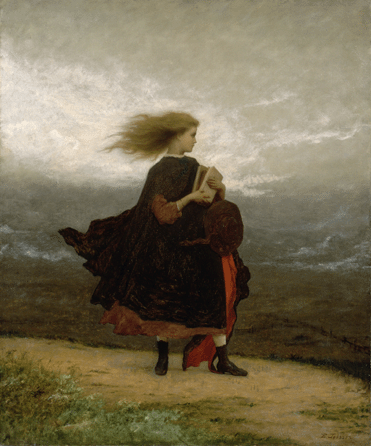Eastman Johnson grappled with the uncertainties facing the nation in Reconstruction in his enigmatic "The Girl I Left Behind Me,†circa 1872. A windblown young woman wearing a wedding ring and toting books stands on a foggy promontory, seemingly unsure how to proceed †mirroring the ambivalence and division that enveloped the nation after the war. Smithsonian American Art Museum.